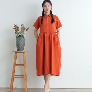 Women Summer Cotton dresses short sleeves dress long Midi dress loose robes casual Shirt Dress customized plus size dress boho Linen