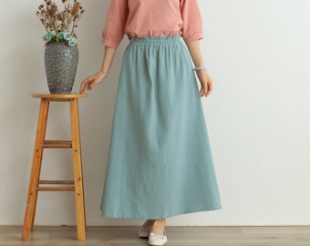 Summer Cotton Skirt Casual Loose Skirts A-line Pleated Elastic Waist Skirt Flared Midi Skirts Customized Plus Size Skirt Boho Linen