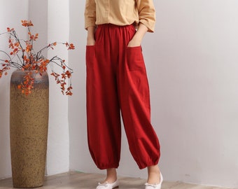 Femmes Elastic Waist Cotton Pants Soft Casual Loose Boho Pantalon Full Maxi Pantalon Wide Leg Pant Personnalisé Plus Size Pantalon Lin