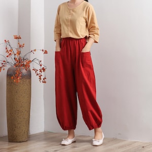 Women Elastic Waist Cotton Pants Soft Casual Loose Boho Trousers Full Maxi Pants Wide Leg Pant Customized Plus Size Pants Linen image 1