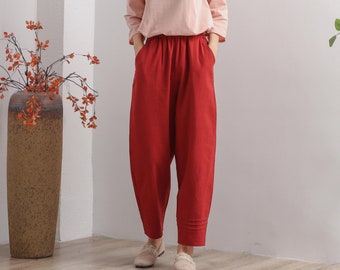 Frauen Elastische Taille Baumwollhose weiche lässige Locker Boho Hose Full Maxi Hose Weite Bein Hose Individualisiert Plus Size Hose Leinen Hose