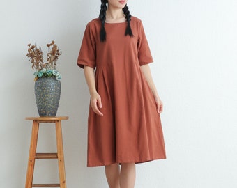 Women Summer Cotton dresses Half sleeves dress long Knee dress loose robes casual Shirt Dress customized plus size dress boho Linen