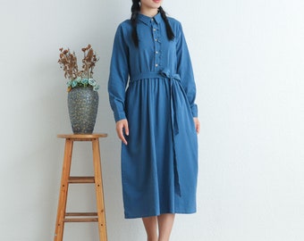 Women's Cotton dress, long sleeves Midi dress, loose casual spring Shirt dress, custom made long robe, plus size clothing tunics Linen Dress