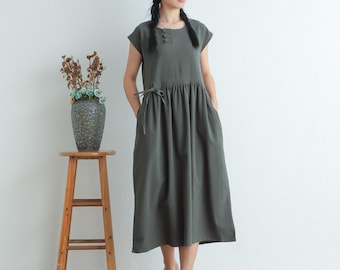 Summer Cotton dress Sleeveless Dress Tunics Midi dress long Sundress loose casual Shirt Dress Customized plus size dress boho Linen Dress