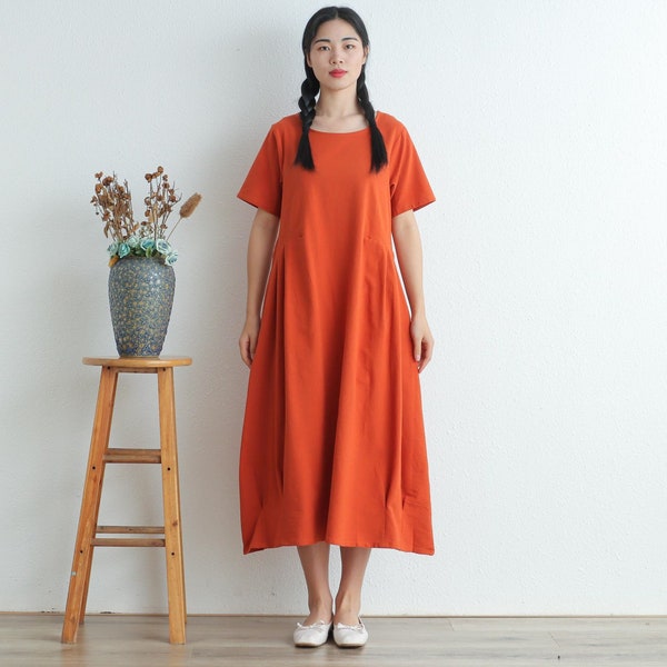 Women Summer Cotton dresses short sleeves dress long Midi dress loose robes casual Shirt Dress customized plus size dress boho Linen Dress