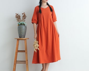 Women Summer Cotton dresses Half sleeves dress long midi dress loose robes casual Shirt Dress customized plus size dress boho Linen