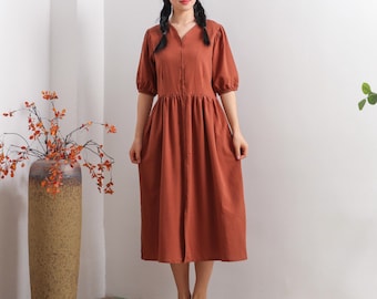 Women Summer Cotton dresses Half sleeves dress long midi dress loose robes casual Shirt Dress customized plus size dress boho Linen