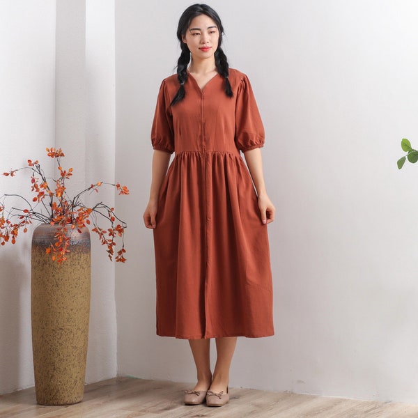 Women Summer Cotton dresses Half sleeves dress long midi dress loose robes casual Shirt Dress customized plus size dress boho Linen