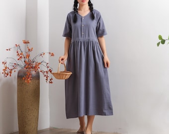 Women Summer Dress Cotton dresses short sleeves dress long Midi dress loose robes Shirt Dress customized plus size dress boho Linen dress