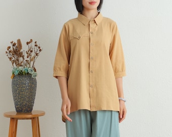 Summer Cotton Tops Women's Shirt Buttons Half Sleeves Blouse Casual Loose Kimono Customized Shirt Top Plus Size Clothes Linen Blouse