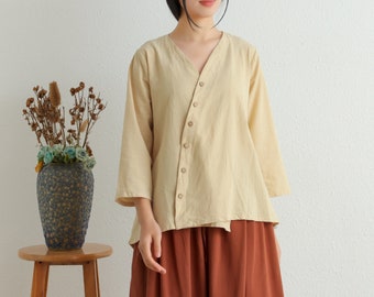 Women's Summer Shirt Cotton Tops Buttons 3/4 Sleeves Blouse Casual Loose Kimono Customized Shirt Top Plus Size Clothes Linen