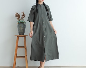 Women Summer Cotton dresses Half sleeves dress long midi dress loose robes casual Shirt Dress customized plus size dress boho Linen Dress