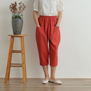 Women Cropped Pants Elastic Waist Cotton Pants Soft Casual Loose Boho Trousers Wide Leg Pant Customized Plus Size Pants Linen image 1