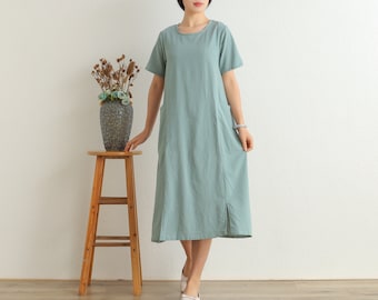 Women Summer Dress Soft Cotton dresses short sleeves dress long Midi dress loose casual Shirt Dress customized plus size dress Linen dress