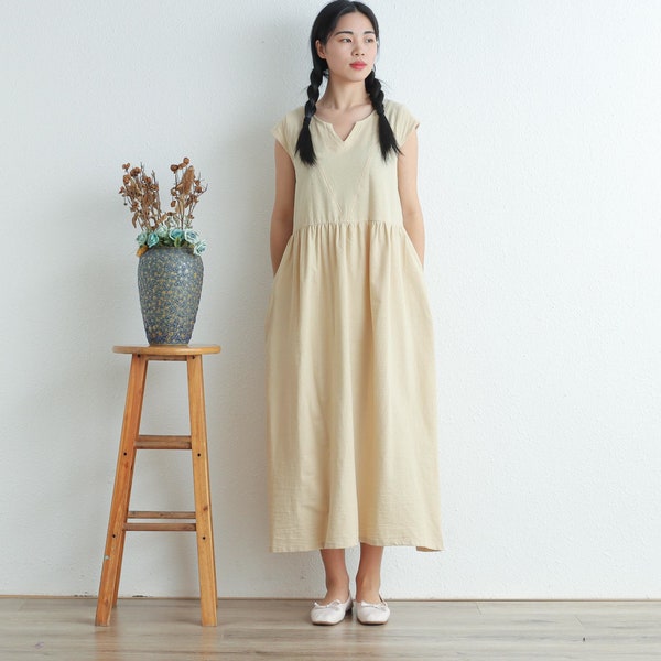 Summer V-neck Cotton dresses Sleeveless Maxi dress long Sundress loose Robes casual Shirt Dress Customized plus size dress boho Linen Dress