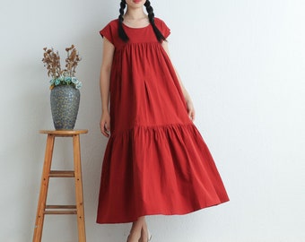 Women Cotton dresses Short Sleeves Maxi dress long dress loose Robes casual Shirt Dress Customized plus size dress boho Linen