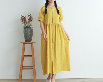 Women Summer Cotton dresses short sleeves dress long Maxi dress loose robes casual Shirt Dress customized plus size dress boho Linen