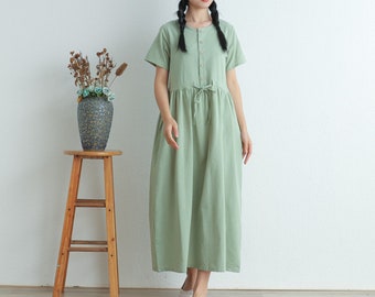 Women Summer Cotton dresses short sleeves dress long Midi dress loose robes casual Shirt Dress customized plus size dress boho Linen dress