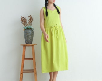 Summer V-neck Cotton dress Sleeveless Midi dress long Sundress loose Robes casual Shirt Dress Customized plus size dress Linen Holiday dress