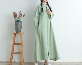 Women Maxi Cotton dress, long sleeves shirt dress Cardigan casual spring dresses custom made long robes, plus size clothing tunics