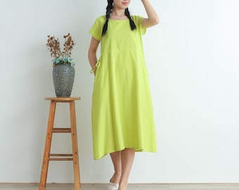 Women Summer Cotton dresses short sleeves dress long Midi dress loose robes casual Shirt Dress customized plus size dress boho Linen dress