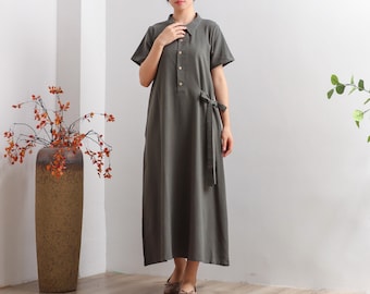 Women Summer Dress Cotton dresses short sleeves dress long Maxi dress loose robes casual Shirt Dress customized plus size dress Linen Dress