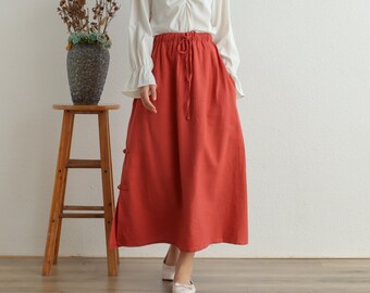 Summer Elastic Waist Skirt Cotton Skirt Casual Loose Skirts A-line Skirt Flared Midi Skirts Customized Plus Size Skirt Boho Linen Skirt