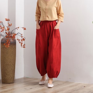 Women Elastic Waist Cotton Pants Soft Casual Loose Boho Trousers Full Maxi Pants Wide Leg Pant Customized Plus Size Pants Linen image 2