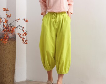 Women Elastic Waist Cotton Pants Soft Casual Loose Boho Trousers Cropped Pants Wide Leg Pant Customized Plus Size Pants Linen Pant