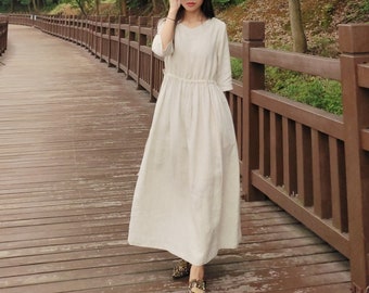 Women Summer Cotton dresses 3/4 sleeves dress V-neck long Maxi dress loose robes casual Shirt Dress customized plus size dress boho Linen