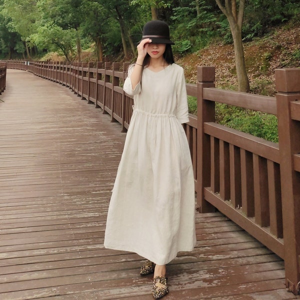 Women Summer Cotton dresses 3/4 sleeves dress V-neck long Maxi dress loose robes casual Shirt Dress customized plus size dress boho Linen