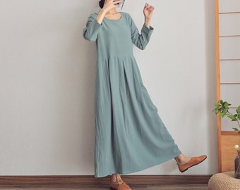 Robe d'été pour femme Robes en coton Robe longue à manches neufs Robe longue Robes amples Robes décontractées Robe personnalisée grande taille Robe en lin