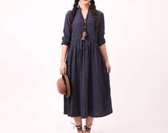 Damen Baumwolle Shirt Kleid, lange Ärmel Midi Kleid, locker lässig frühlingskleid, maßgefertigt lange Robe, Plus Size Kleidung Tunika Leinen