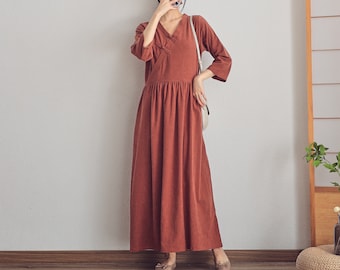 Women Summer Cotton dresses 3/4 sleeves dress V-neck long Maxi dress loose robes casual Shirt Dress customized plus size dress Linen Dress