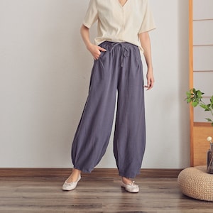 Femmes taille élastique coton pantalon doux décontracté ample Boho pantalon complet Maxi pantalon large jambe pantalon personnalisé grande taille pantalon lin image 1