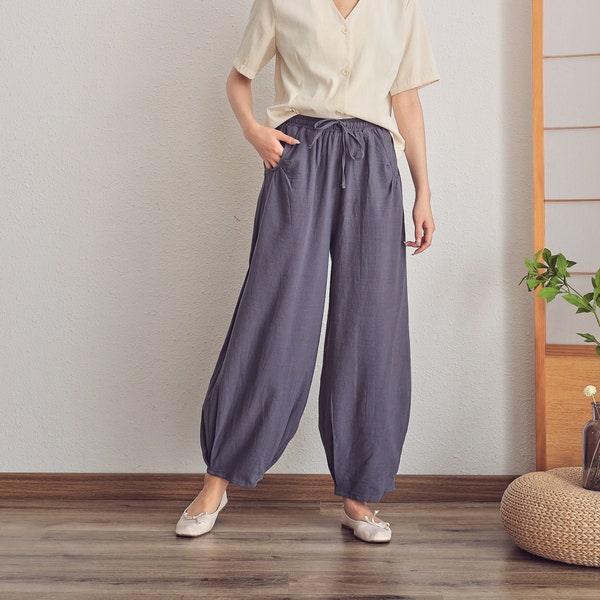 Women Elastic Waist Cotton Pants Soft Casual Loose Boho Trousers Full Maxi Pants Wide Leg Pant Customized Plus Size Pants Linen