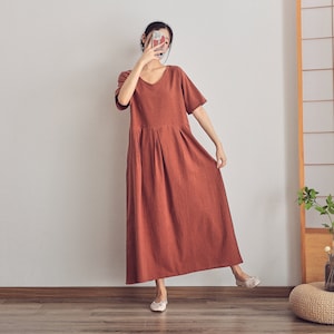 Women Summer Dress Soft Cotton dresses V-neck Short sleeves dress long Maxi dress loose Dress customized plus size dress Linen dress