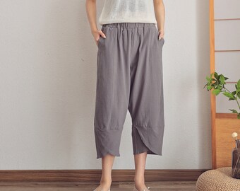 Women Elastic Waist Cropped Cotton Pants Soft Casual Loose Boho Trousers Full Maxi Pants Wide Leg Pant Customized Plus Size Pants Linen Pant