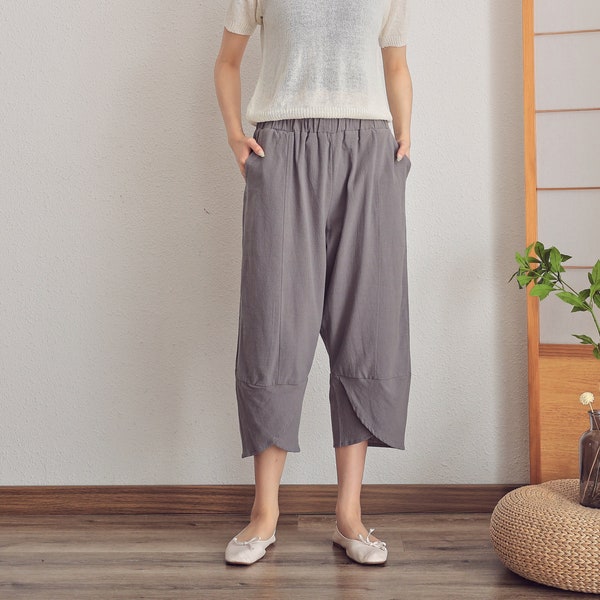 Women Elastic Waist Cropped Cotton Pants Soft Casual Loose Boho Trousers Full Maxi Pants Wide Leg Pant Customized Plus Size Pants Linen Pant