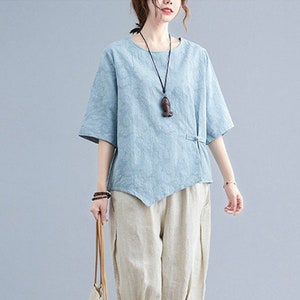 Summer Top Jacquard Cotton Tops Half Sleeves Blouse Casual Loose Kimono Customized Shirt blouse Top Plus Size Clothes Linen Tee