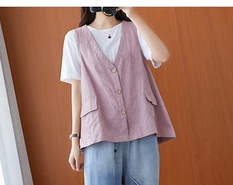 Summer Top Jacquard Cotton Vest Sleeveless Blouse Casual Loose Kimono Customized Shirt blouse Top Plus Size Clothes Linen cardigan