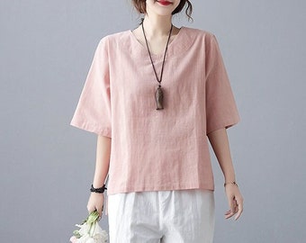 Summer Cotton Tops Women's Shirt Top Half Blouse Casual Loose Kimono Customized Shirt Top Plus Size Clothes Linen top