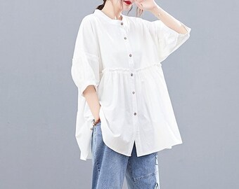 Summer Cotton Tops Women's Shirt Buttons 3/4 Sleeves Blouse Casual Loose Kimono Customized Shirt Top Plus Size Clothes Linen Blouse