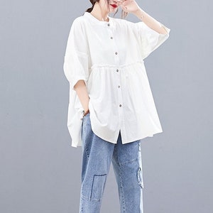 Hauts d'été en coton pour femmes, chemisier à manches 3/4, kimono décontracté ample, haut de chemise personnalisé, vêtements de grande taille, chemisier en lin image 1
