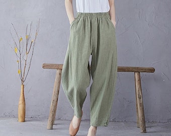 Femmes Elastic Waist Cotton Pants Soft Casual Loose Boho Pantalon Full Maxi Pantalon Wide Leg Pant Personnalisé Plus Size Pantalon Lin