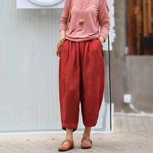 Women Elastic Waist Cotton Pants Soft Casual Loose Boho Trousers Cropped Pants Wide Leg Pant Customized Plus Size Pants Linen