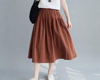 Summer Cotton Skirt Casual Loose Skirts A-line Pleated Elastic Waist Skirt Flared Midi Skirts Customized Plus Size Skirt Boho Linen