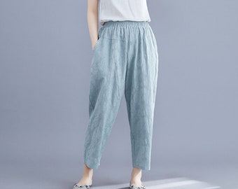 Women Jacquard Elastic Waist Cotton Pants Soft Casual Loose Boho Trousers Full Maxi Pants Wide Leg Pant Customized Plus Size Linen Pant