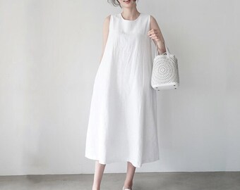 Été Robes en coton Robe sans manches Robe Midi de vacances robe longue Robe de soleil ample Robes décontractées Robe shift personnalisée robe plus taille boho Lin