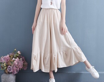 Women Elastic Waist Cotton Pants Soft Casual Loose Boho Trousers Cropped Pants Wide Leg Pant Customized Plus Size Pants Linen